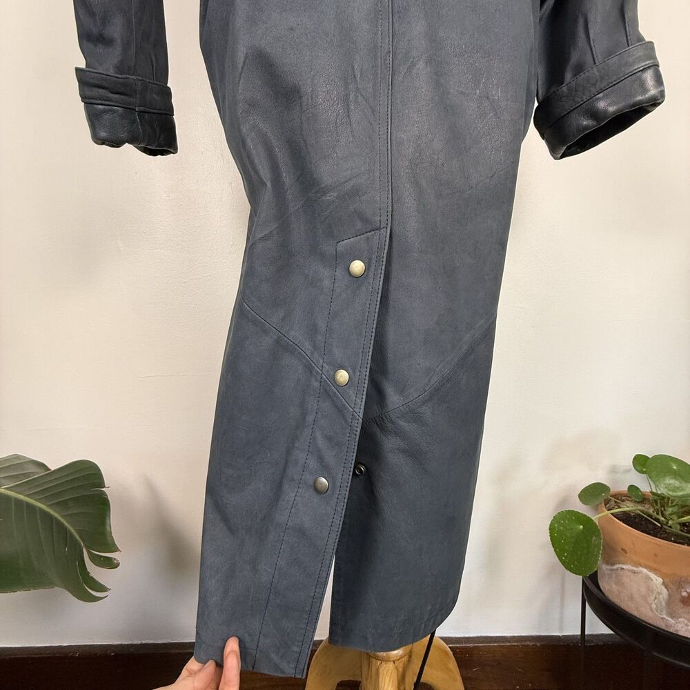 Vintage Genuine Leather Trench Coat, Slate-Gray-Blue - Picture 5 of 16